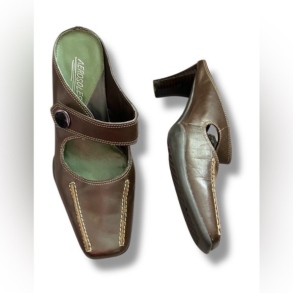 AEROSOLES Shoes - Aerosoles Snapped Brown Leather Mules Square Toe Mary Jane Open Low Heel 6 1/2 B